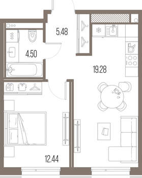 1-к квартира, строящийся дом, 42м2, 9/10 этаж
