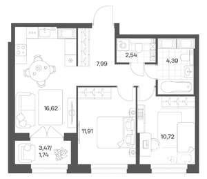 2-к квартира, вторичка, 56м2, 19/24 этаж