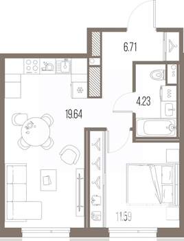 1-к квартира, строящийся дом, 42м2, 8/10 этаж