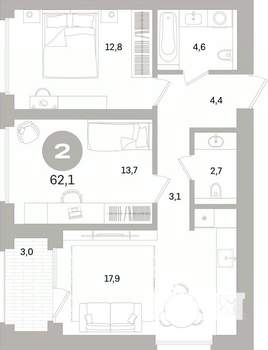 2-к квартира, вторичка, 62м2, 3/16 этаж