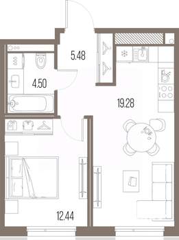 1-к квартира, строящийся дом, 42м2, 7/10 этаж