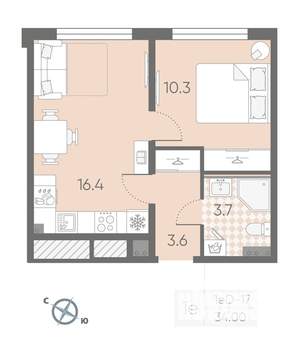 1-к квартира, вторичка, 34м2, 2/4 этаж