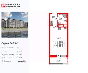 Студия квартира, вторичка, 25м2, 11/17 этаж