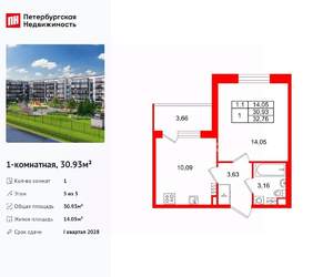 1-к квартира, вторичка, 31м2, 5/5 этаж