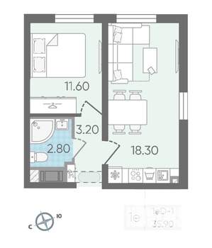 1-к квартира, вторичка, 36м2, 16/25 этаж