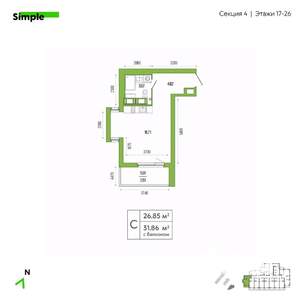 Студия квартира, вторичка, 28м2, 24/26 этаж