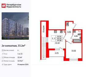 1-к квартира, вторичка, 33м2, 1/12 этаж