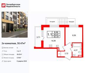 1-к квартира, вторичка, 30м2, 1/4 этаж