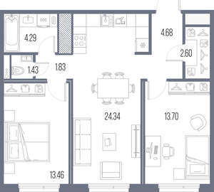 2-к квартира, строящийся дом, 66м2, 8/10 этаж