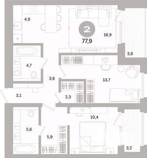 2-к квартира, вторичка, 78м2, 4/16 этаж