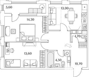 2-к квартира, строящийся дом, 61м2, 11/13 этаж