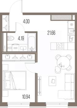 1-к квартира, строящийся дом, 41м2, 8/10 этаж