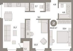 2-к квартира, вторичка, 64м2, 6/17 этаж