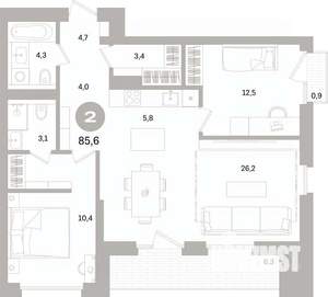 2-к квартира, вторичка, 86м2, 4/15 этаж