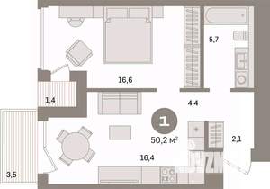 1-к квартира, вторичка, 50м2, 5/17 этаж