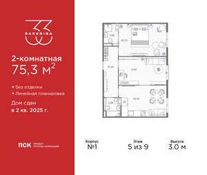 2-к квартира, сданный дом, 75м2, 5/9 этаж