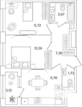 2-к квартира, строящийся дом, 50м2, 10/15 этаж