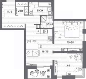2-к квартира, вторичка, 69м2, 5/25 этаж