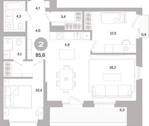 2-к квартира, вторичка, 86м2, 12/16 этаж