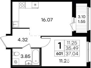 1-к квартира, строящийся дом, 37м2, 14/15 этаж