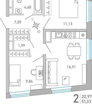 2-к квартира, вторичка, 51м2, 5/10 этаж