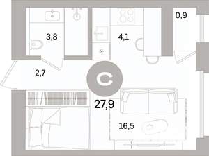 Студия квартира, вторичка, 28м2, 9/10 этаж