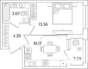 1-к квартира, строящийся дом, 33м2, 12/15 этаж