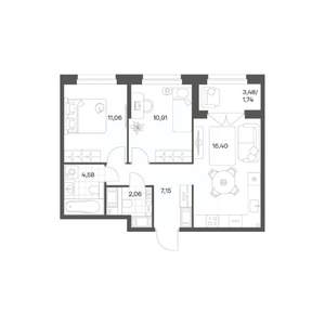 2-к квартира, вторичка, 54м2, 16/24 этаж