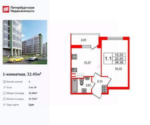 1-к квартира, вторичка, 32м2, 2/24 этаж