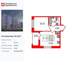 1-к квартира, вторичка, 30м2, 9/12 этаж