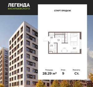 Студия квартира, вторичка, 28м2, 9/10 этаж