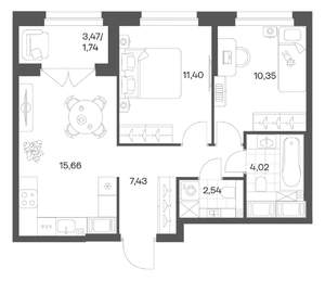 2-к квартира, вторичка, 53м2, 23/24 этаж