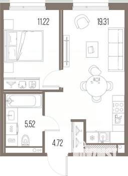 1-к квартира, строящийся дом, 41м2, 6/10 этаж