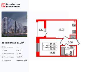 1-к квартира, вторичка, 33м2, 6/12 этаж