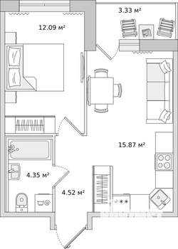 1-к квартира, сданный дом, 35м2, 7/16 этаж