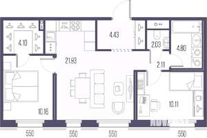 2-к квартира, строящийся дом, 60м2, 2/7 этаж