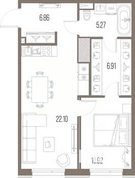 1-к квартира, строящийся дом, 52м2, 6/10 этаж