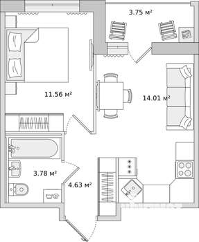 1-к квартира, вторичка, 39м2, 2/17 этаж