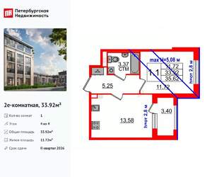 1-к квартира, вторичка, 34м2, 4/4 этаж