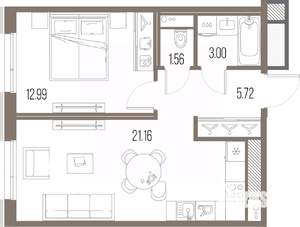 1-к квартира, строящийся дом, 44м2, 6/10 этаж
