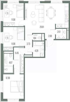 3-к квартира, строящийся дом, 91м2, 7/10 этаж