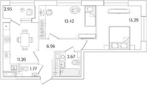 2-к квартира, строящийся дом, 54м2, 13/15 этаж