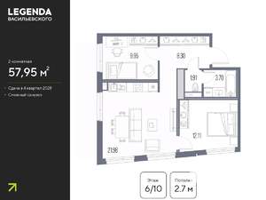 2-к квартира, строящийся дом, 58м2, 6/10 этаж