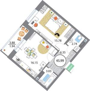 1-к квартира, вторичка, 46м2, 4/12 этаж