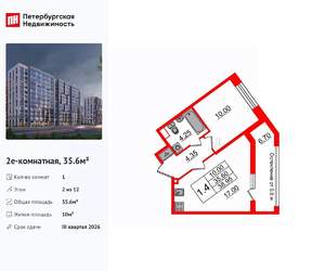 1-к квартира, вторичка, 36м2, 2/12 этаж