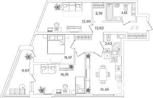 3-к квартира, строящийся дом, 83м2, 13/17 этаж