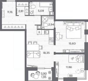 2-к квартира, вторичка, 69м2, 10/25 этаж