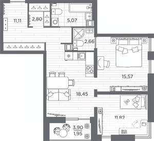 2-к квартира, вторичка, 69м2, 2/25 этаж