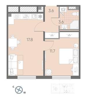 1-к квартира, вторичка, 37м2, 4/4 этаж