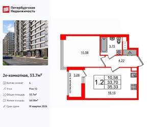 1-к квартира, вторичка, 34м2, 9/12 этаж